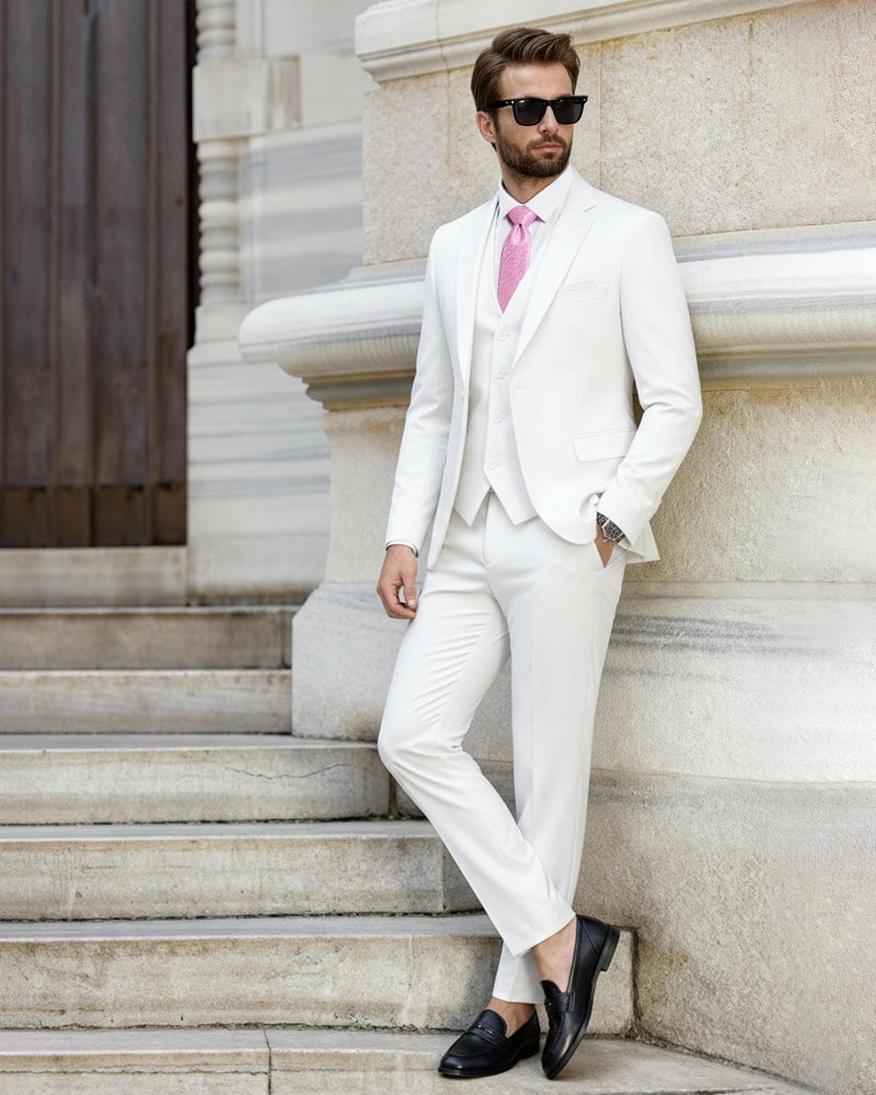 EastSide Men's Slim Fit 3 Pieces , One Button Sets Vest Pants Coat Suit, White, Large - Image 4